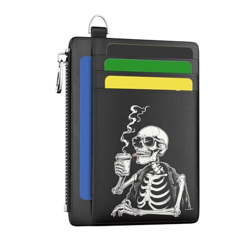 Image of Hancynir Slim Wallet Women Credit Card Holder, Skull Skeleton RFID Blocking Small Mini Card Wallets, Funny Front Pocket PU Leather Card Case, Thin Travel Zipper Coin Cash Ladies Female Wallet Gifts
