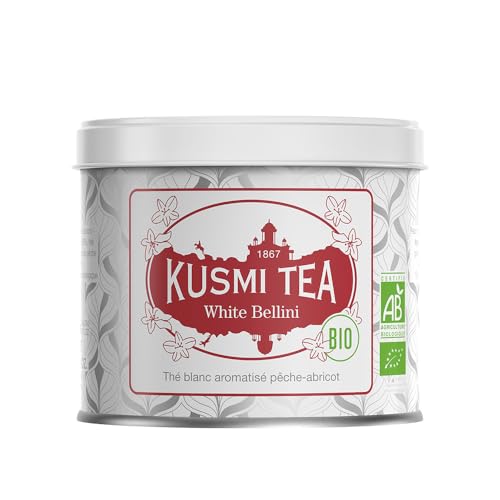 Kusmi Tea - White Bellini - Thé Blanc Bio - Thé Blanc Aromatisé Pêche et Abricot - À Déguster Chaud ou en Thé Glacé - Boîte Thé Métal 90g - Quantité pour environ 50 Tasses