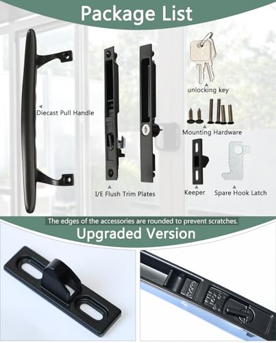 Image of Patio Sliding Glass Door Handle Set, 6-5 /8 inch H.C., Fits 1 inch to 1-1 /8 inch Thick Doors, Black Diecast, Features Lock & 2 Hook Latch & Keys, Flush