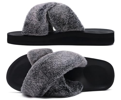 Image of COFACE Womens Fuzzy Slides Fluff Faux Fur Cross Slippers Open Toe Yoga Mat House Slipper Sandals With Arch Support For Indoor /Outdoor