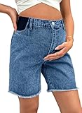 BLENCOT Maternity Jean Shorts Wide Leg Elastic Band Stretchy Plus Size Frayed Jorts Loose Pregnancy Spring Summer Comfy Denim Short with Pockets Large Myosotis