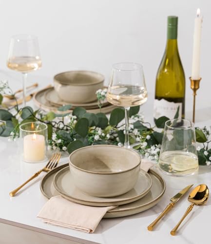 GBhome Geschirrset 6 Personen, 18-tlg Reaktive Glasur Handarbeit Steingut Geschirr Set, Mikrowellen- & Spülmaschinenfest Schüssel- und Teller Set, Khaki