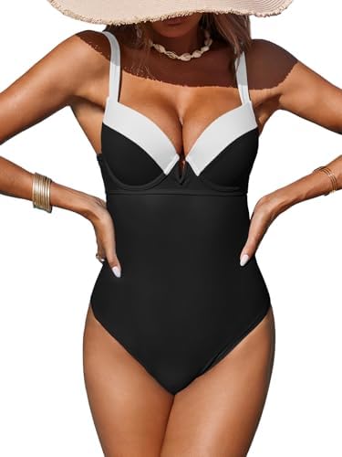 Fisoew Women One Piece Tummy Control Swimsuits Retro Slimming Colorblock Back Tie Vintage Bathing Suits
