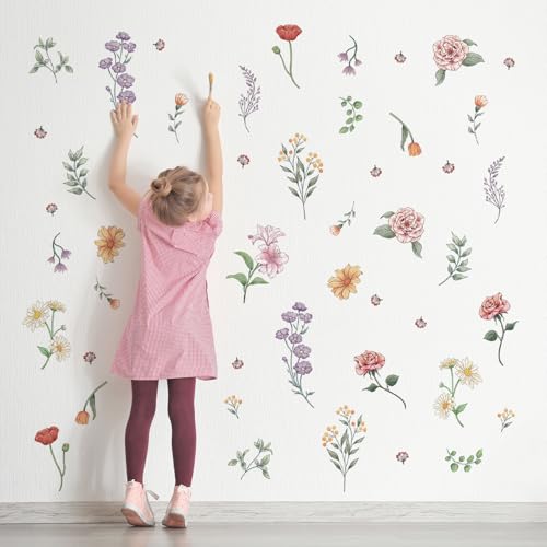 Retro Colorful Wildflower Wall Stickers, 15 Sheets Garden Floral Wall Decals DIY Peel and Stick Wall Decal Self Adhesive Wall Art Decor for Bedroom Office Sofa TV Backdrop Wall