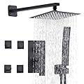 Shower Faucet Set Matte Black Complete Shower System with 8 Inches Rain Shower Head and Handheld Spray Bathroom Rain Shower Faucet Set Rainfall Shower System with Shower Valve