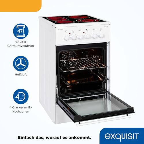 Exquisit Standherd ECM 8-4.1 BZ | Standherd 50cm mit Glaskeramik Kochfeld | 2-Kreis-Bräterzone | Umluft | Grill | Heißluft | Elektroherd freistehend 50 cm | weiss