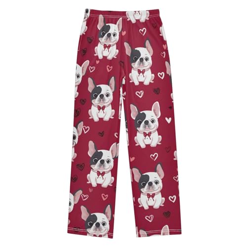 French Bulldog Love Hearts Boys Long Pants Soft Trousers Elastic Waist Kids Lounge Bottoms with Pockets S-XL