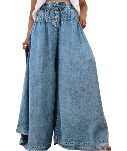 SOMTHRON Women's Baggy Wide Leg Denim Pants Drawstring Mid Waisted Flare Loose Pleated Button Jeans Trousers2