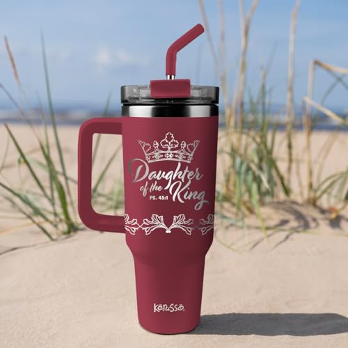 Kerusso Regal Red and Silver Tone 40 Ounce Lidded Stainless Steel Travel Tumbler with Straw, Daughter Of The King by Kerusso - Used condition - Image 3