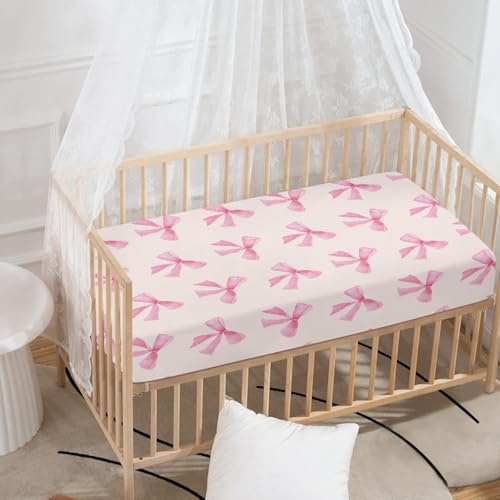 Image of Bow Baby Crib Sheets for Boys Girls Pink Fitted Crib Sheet for Standard Crib and Toddler Mattress Cute Baby Mattress Sheets Toddler Bed Sheet 52x28x8 in