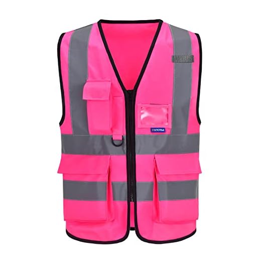 A-SAFETY Reflective Safety Vest with Mic Tabs, Black Front Zipper, Pink, L