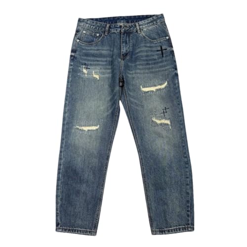 Men’S Vintage Hip Hop Ripped Straight Leg Pants Button Fly Midweight Distressed Washed Patched Casual Full Length Jeans