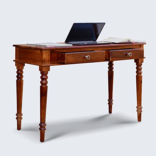 Image of Heer Handicraft Two Drawer Kharti Study Table in Natural Honey Oak Colour in Matte Finished with Premium Polish, Smooth Edges