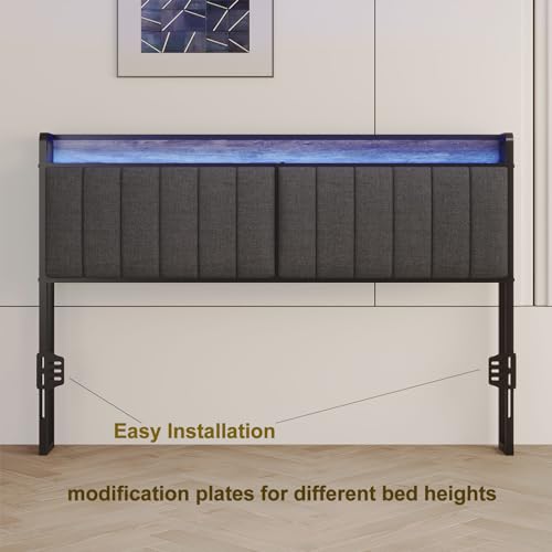 Image of Full Size Upholstered Headboard with LED Lights & Charging Station, USB & Type C Port, Linen Upholstery, Full Headboard Only, Height Adjustable Attach Frame Sturdy and Stable Easy Assembly