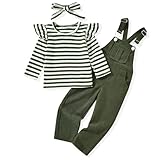 Toddler Baby Girl Clothes Corduroy Bib Overalls Coveralls Jumpsuit Romper Suspender Pants Trousers Ruffle Long Sleeve Striped Shirt Fall Clothing Set Winter Spring Outfits, 18-24 Months, Army Green