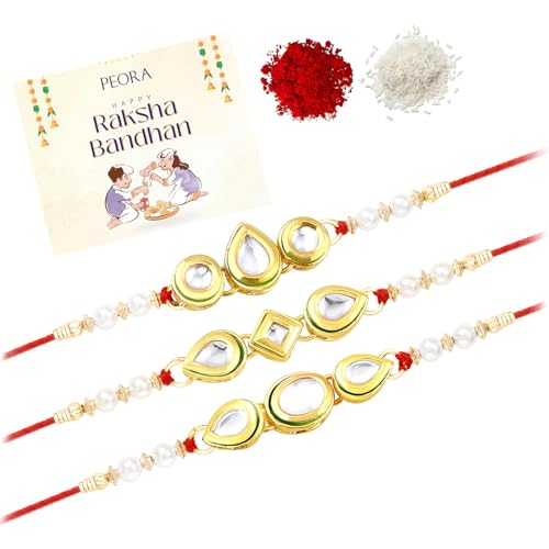 Image of Peora Rakhshabandhan Thread Rakhi for Brother Bhaiya | Crystals & Kundan Studded | Combo, Set of 3 | Rakhi Hamper with Roli Chawal & Greeting Card