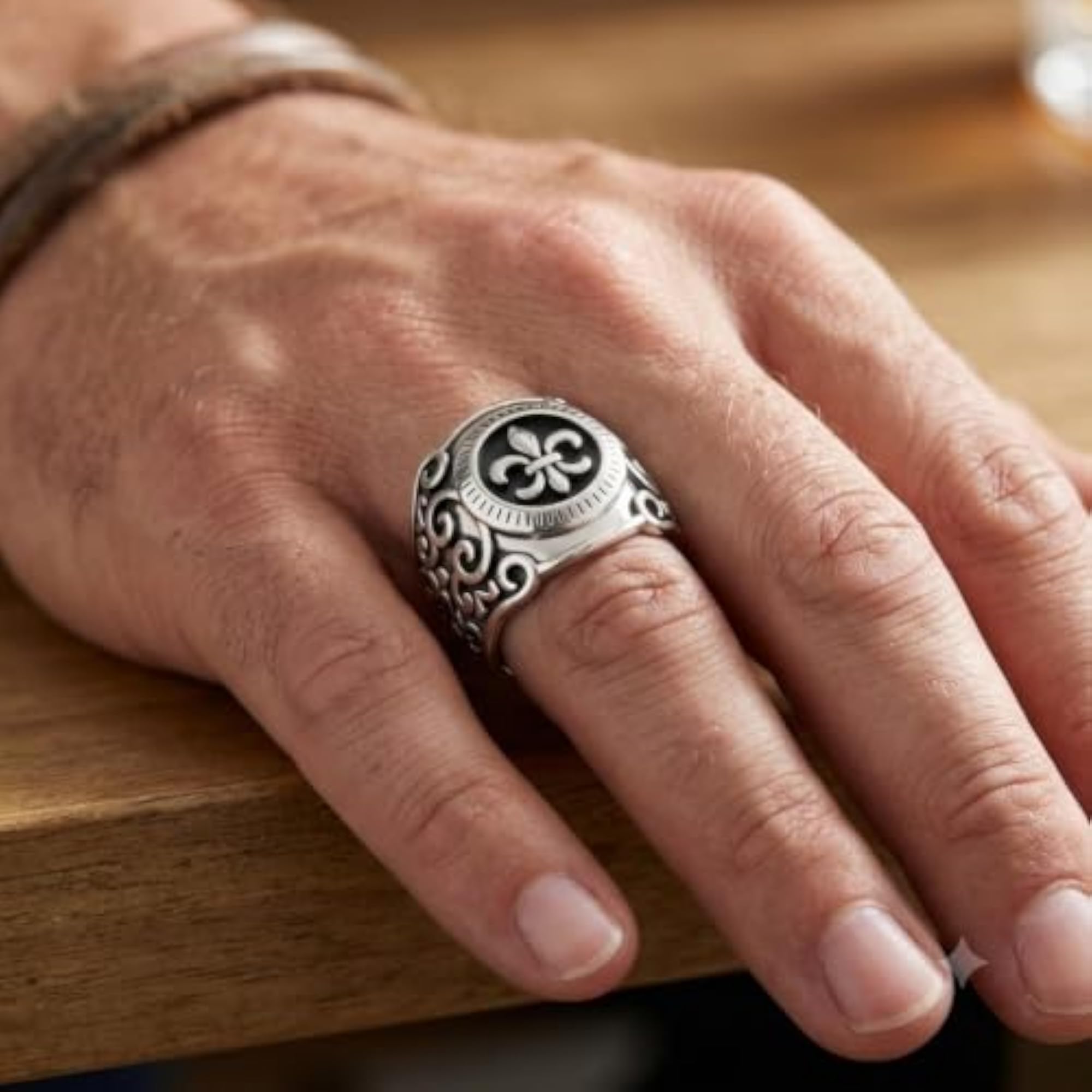 Men's Fleur de Lis Statement Ring, Black & Silver