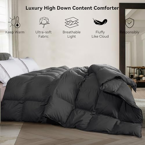 SNOWMAN Premium Down Comforter Queen Size, Luxurious Heavyweight Duvet Insert with Cotton Blended Fabric, 46oz Fill Weight 3D Baffle Box Design Medium Warm Hotel Bedding Comforter (Dark Grey,90"x90")