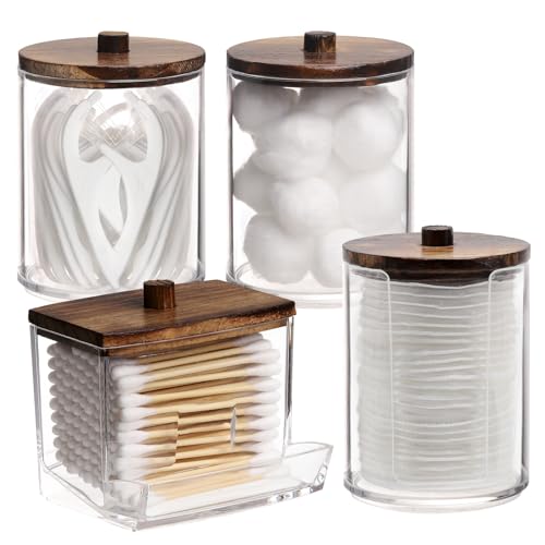 Image of Tbestmax 4 Pack Qtip Holder Dispenser, 10 /7oz Bathroom Container for Cotton Ball Cotton Swabs Pads, Apothecary Jar with Wood Lids for Organizer and Storage (Brown)