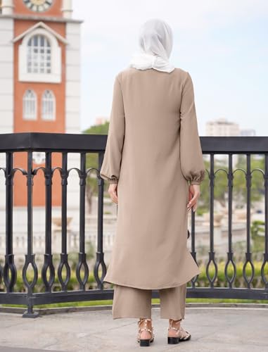 Image of IDOPIP Abaya Dress for Women Muslim Set Long Sleeve Chiffon Islamic Dress Shirt with Pants 2PCS Dubai Prayer Casual Clothes