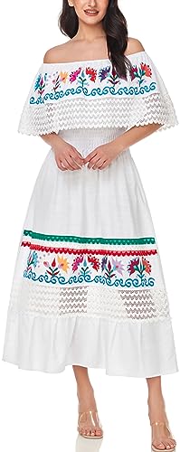 Image of YZXDORWJ Women Embroidered Mexican Peasant Casual Sexy Lace Off-Shoulder Long Dress