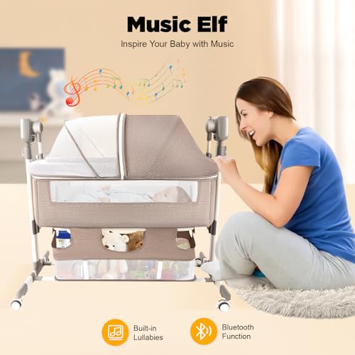 Smart Baby Bassinet Bedside Sleeper with Auto Rocking, 5 Swing Speeds & 3 Timer Settings, Bluetooth Music, Height Adjustable (18.1-19.7in), 44lbs Capacity for Newborns 0-24 Months, Khaki