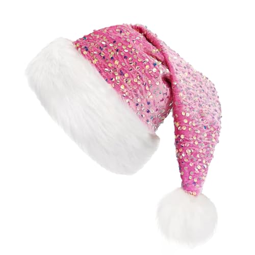 FHAEIOS Sequin Santa Hat for Adults Pink Christmas Hat Party Hat for New Year Xmas Festival Holiday