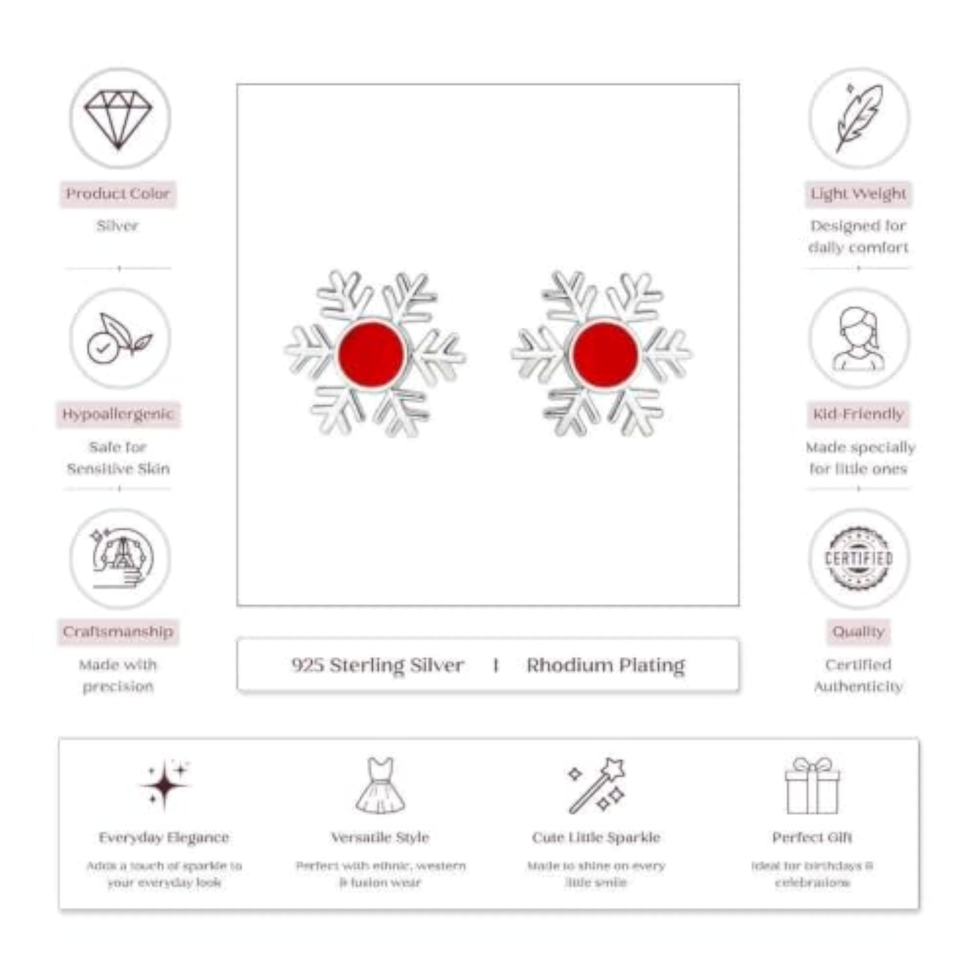 Kids' 925 Sterling Silver Red Snowflake Stud Earrings
