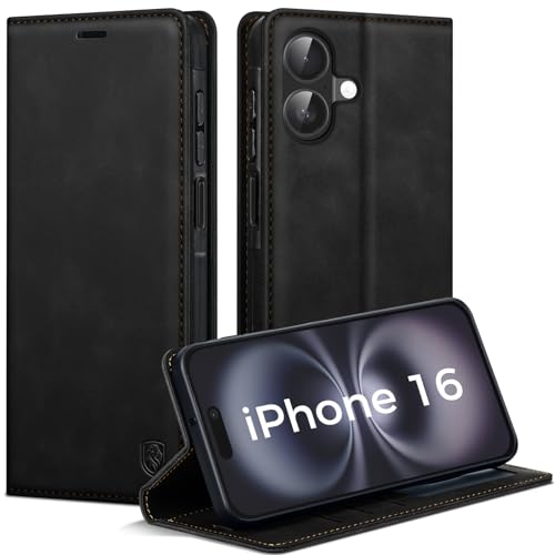 AIMOYU Handyhülle für iPhone 16 Hülle Premium PU Leder Klapphülle Schutzhülle Tasche Magnet Kartenfach Standfunktion Flip Case Hülle für iPhone 16 Schwarz