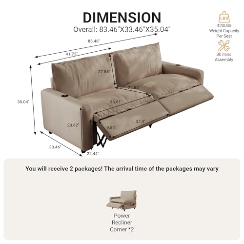 Image of 83.46 inch Power Reclining Sofa with Wireless Charging & Heated Seats,Smart Recliner Sectional Couch,Zero Gravity Recliner Sofa,Deep Seat Cloud Couch for Living Room Home Theater.Khaki,2 Seats