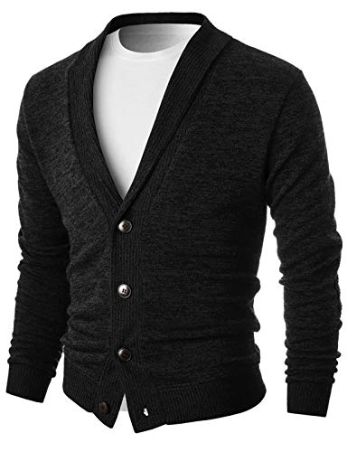 OHOO Mens Slim Fit Vertical Shawll Collar Lightweight Knit Cardigan with Elbow Patch/DCC085-BLACK-L