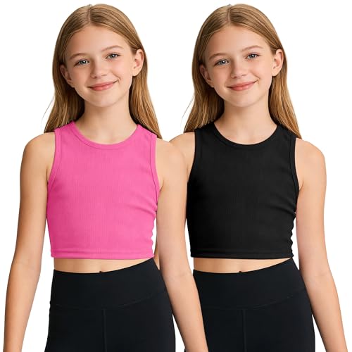 Image of Auranso Girls Tank Tops 2 Pack Ribbed Knit Sleeveless Crop Tops for Kids