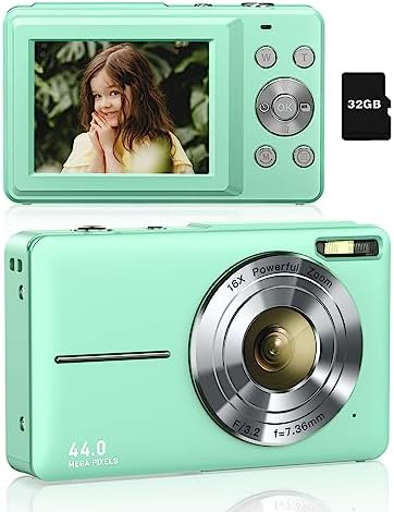 Digital Camera, Lecran Kids Camera with 32GB Card 2 Rechargeable Batteries, FHD 1080P 44MP Point and Shoot Cameras, 16X Zoom, Compact Small Vlogging Gift Camera for Kids Children Teens Girl Boy(Green)
