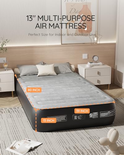 X-Long Twin Air Mattress with Built in Pump, Height 13\" Durable Queen Airbed, Suit for Home & Guests,Travel Air Mattress Twin XL for Adults,Inflatable Travel Bed,330lb MAX(Black Grey)