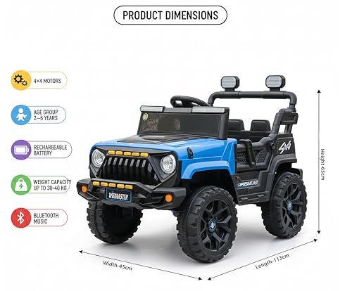 Image of Wishmaster 4x4 Kids Electric Ride On Jeep with Remote Control | Battery Operated Car for Kids 2-6 Years | RGB LED Lights, Bluetooth Music | Birthday Gift | 1-Year Warranty On Motors & Motherboard
