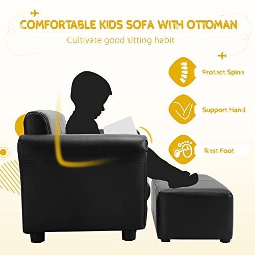 HONEY-JOY-Kids-Sofa-2-Seat-Toddler-Couch-Lounge-Bed-with-Ottoman-Sturdy-Wood-Construction-Children-PU-Leather-Upholstered-Loveseat-Armrest-Chair-for-Bedroom-Living-Room-Double-Seat-wStool-Black HONEY JOY Kids Sofa 2 Seat Toddler Couch Lounge Bed with Ottoman Sturdy Wood Construction Children PU Leather Upholstered Loveseat Armrest Chair for Bedroom Living Room Double Seat wStool Black