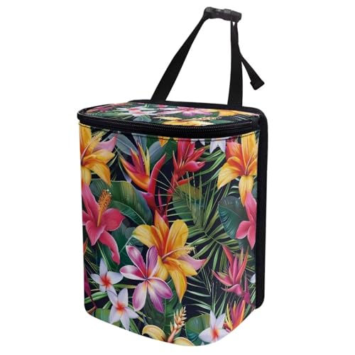 Image of Talayituse Tropical Hiiscus Plumeria Print Car Trash Can with Lid, Leak Proof Auto Trash Bag Hanging Vehicle Garbage Can Multipurpose Storage Container for Back Seat Road Trip