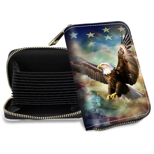 Credit Card Holder with Zipper, Slim RFID Blocking Card Wallet for Women Men Bald Eagle American Flag Design PU Leather Small Accordion Card Case Wallet, ID Card Organizer, Pocket Business Card Case