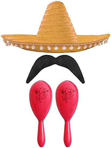 MEXICAN FANCY DRESS ACCESSORY SET - MEXICAN SOMBRERO WITH MARACAS AND TASH BLACK POM POM SOMBRERO + 2X GREEN MARACAS