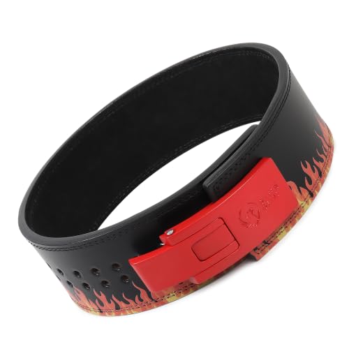 Image of 13MM UV Print Designer Lever Gym Belt | Custom Powerlifting Belt | 100% Full Grain Genuine Leather | IPF Standard | Warm Fire Belt with Red Buckle | Size Medium