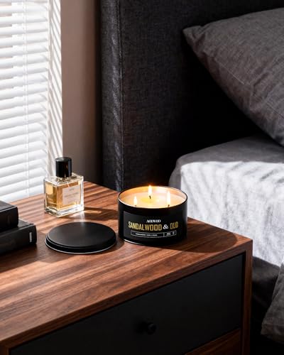 Image of AOOVOO Sandalwood Oud Candles for Men - 3 Wick 12oz Black Scented Candle | Long Lasting Soy Candles for Home Scented, Masculine Candle Gift for Father Day, Women & Men, Non Toxic, Large