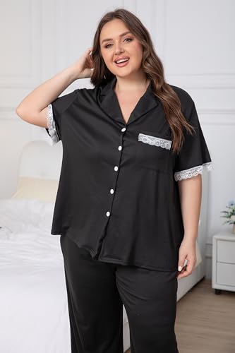 Image of Vozanet Women Short Sleeve Long Pants Pajama Sets Lace Trim Button Down Sleepwear Plus Size Knit Loungewear Sexy Nighty
