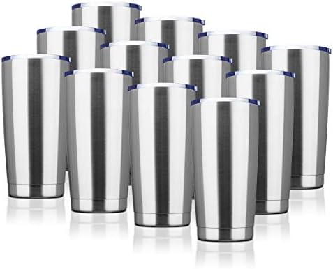 EcoMozz 20oz Tumbler Bulk Stainless Steel Vacuum Insulated Tumblers with Lid Double Wall Travel Mug, Durable Powder Coated Coffee Cup, Suitable for Ice Drinks and Hot Beverage (Stainless steel 12pack)