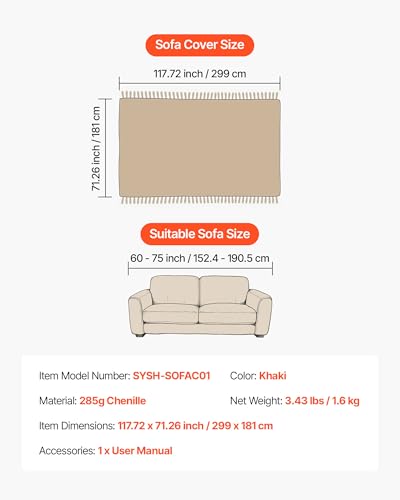 VEVOR Couchbezug (299 x 81 cm) Boho-Sofabezüge, Rutschfester Chenille-Kissenschutz für Ecksofas, waschbarer & kratzfester Loveseat-Schonbezug für Katzen-/Hundesofa-Schutz, Sofaüberzug Khaki