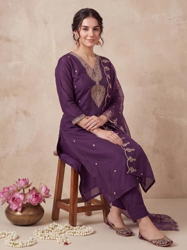 Image of INDO ERA Women's Black Silk Blend Embroidered Mirror Work Kurta & Pant with Dupatta Set (IEDDAI484)