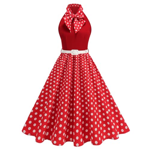 EFOGEP Damen 1950s Vintage Polka Dots Rockabilly Swing Kleid Hepburn Style Halterneck Bow 50er Jahre Retro A-Linie Midikleider Cocktail Party Formal Abend Prom Kleid Rot XXL