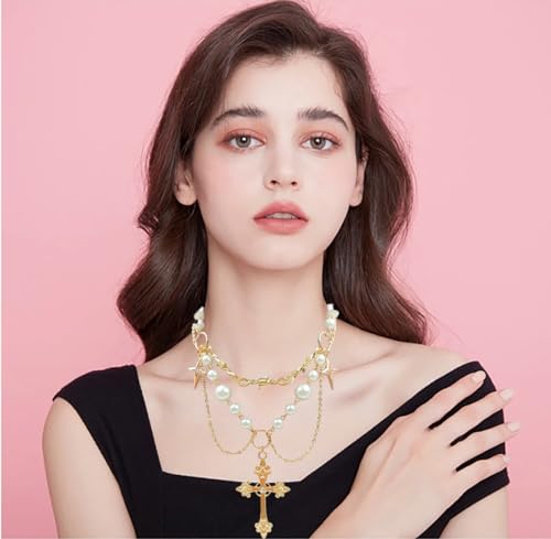 Gold Pearl Cross Necklaces for Women GothicPearl Cross Pendant Necklace Vintage AdjustableChunky Cross Necklace Layered Tassels Choker Necklace Halloween Prom Jewelry Gift3