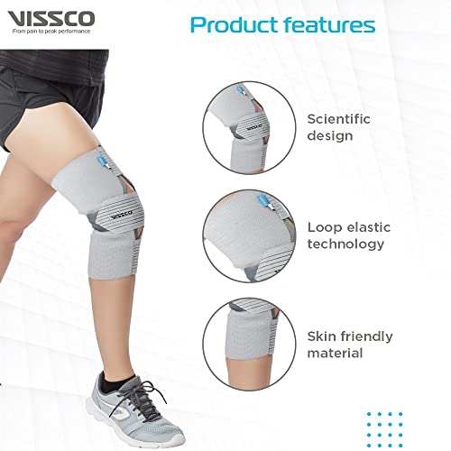 Image of Vissco Knee Wrap with Loop Elastic Technology, Knee Support Provides Compression to the Knee, Braces for Gym & Sports, Helps In Fast Recovery (SINGLE) - XL (Grey)