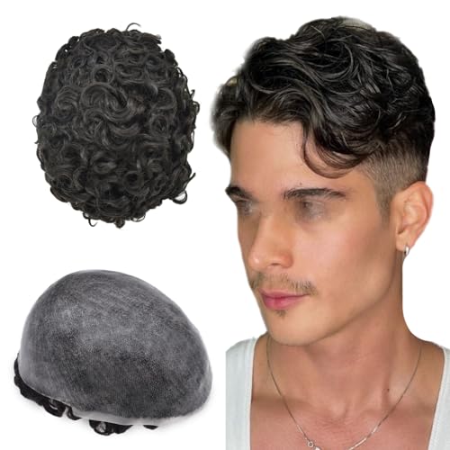 25MM Curly Toupee Durable Full Poly Skin Curl Toupee for Men Human Hair Replacement System Mens Hairpieces and Toupees Capillary Prosthesis (1B# OFF BLACK, 8 * 10-25 MM Wave)