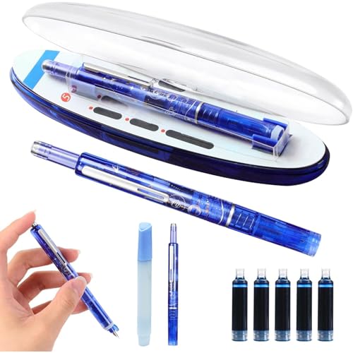 Kenmohuo 2025 Retractable Fountain Pen, 0.38mm Blue Ink Transparent Barrel Includes 5 Refillable Ink Cartridges & 1 Erasable Pen, Press Fine Nib Fountain Pen for Smooth Writing No Leaking